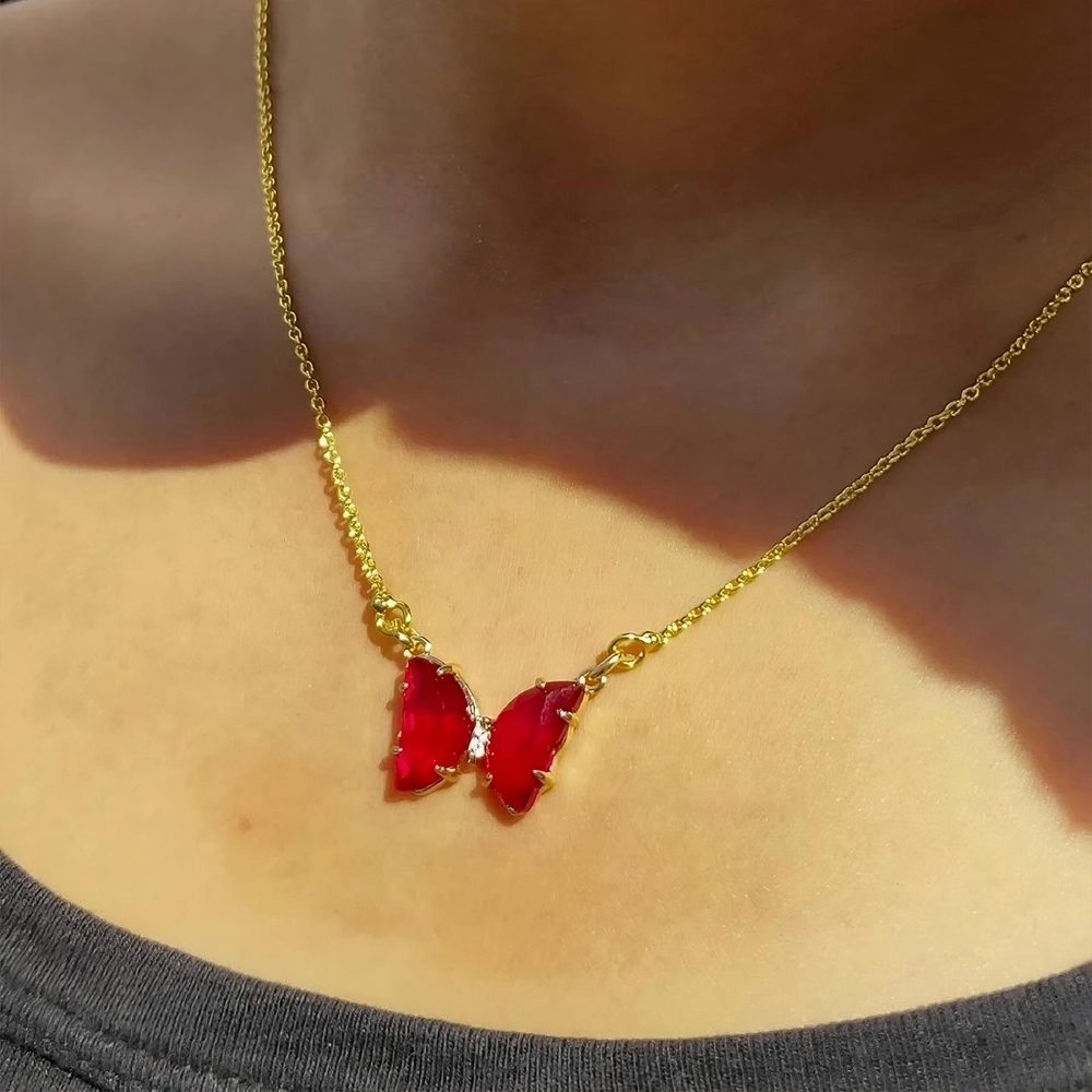 Collar para mujer de mariposa roja, acero inoxidable